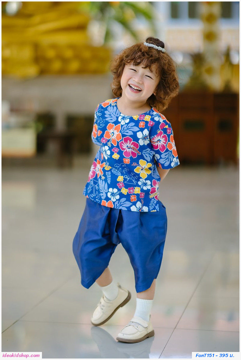 ชุดไทยเด็ก+ผ้าผูกเอว เด็กชาย ลายดอกไม้ สีน้ำเงิน