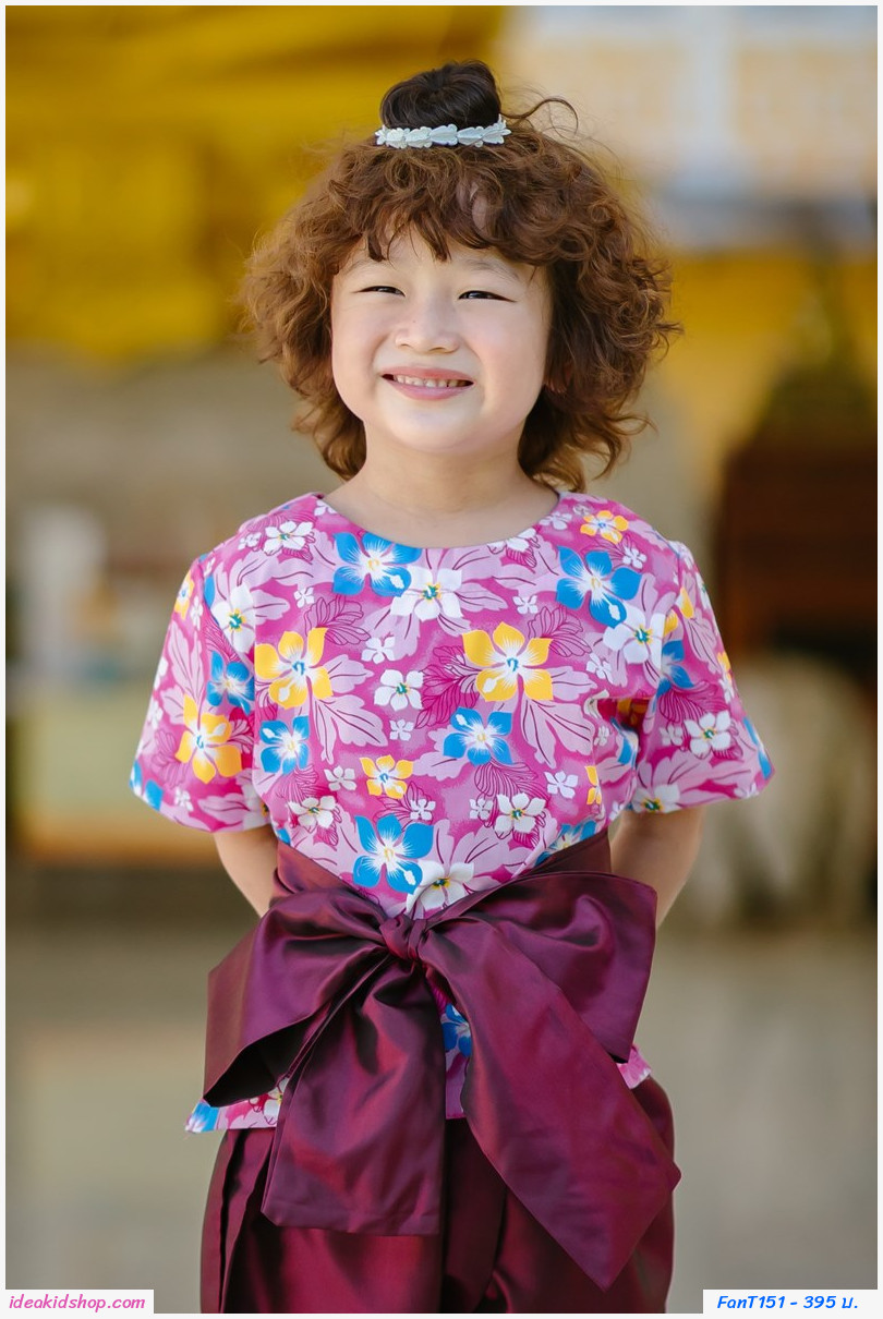 ชุดไทยเด็ก+ผ้าผูกเอว เด็กชาย ลายดอกไม้ สีชมพูแดง