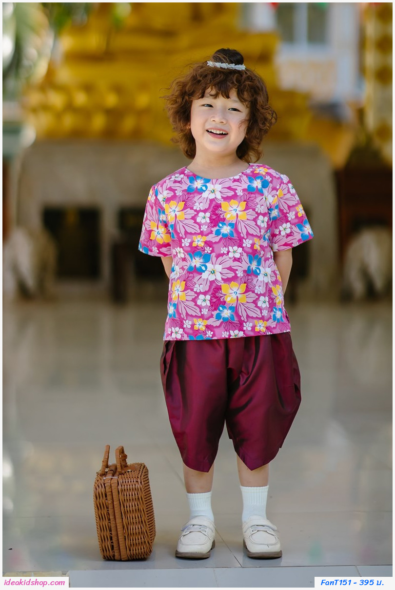 ชุดไทยเด็ก+ผ้าผูกเอว เด็กชาย ลายดอกไม้ สีชมพูแดง