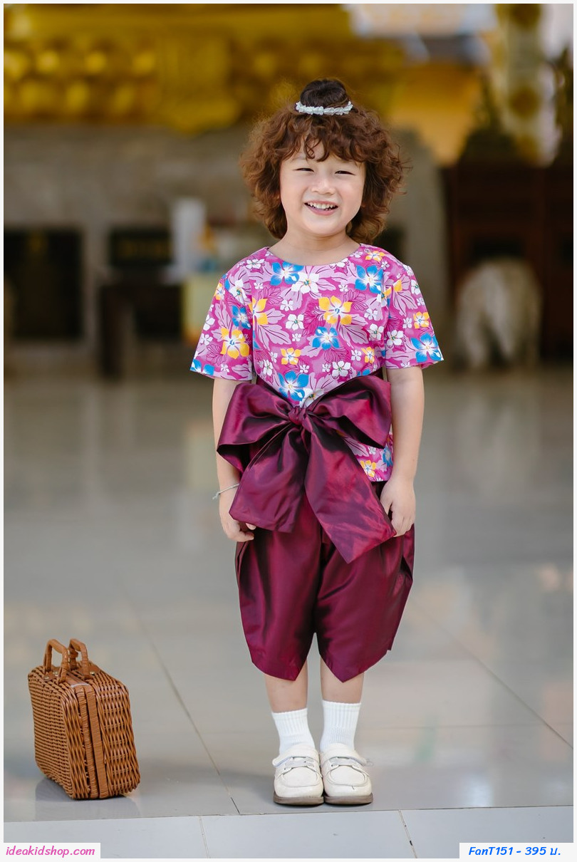 ชุดไทยเด็ก+ผ้าผูกเอว เด็กชาย ลายดอกไม้ สีชมพูแดง