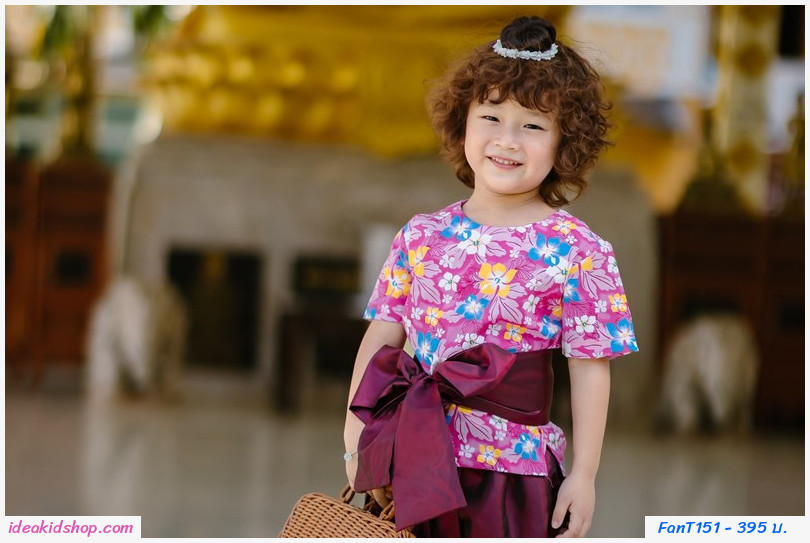 ชุดไทยเด็ก+ผ้าผูกเอว เด็กชาย ลายดอกไม้ สีชมพูแดง