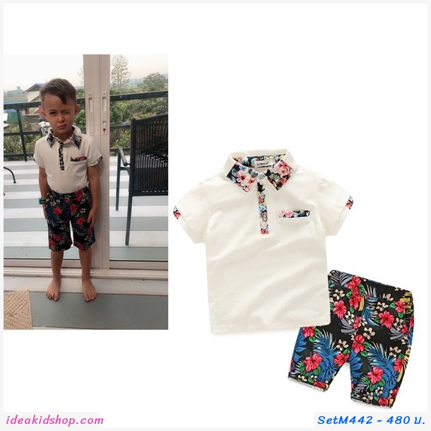 ชุดเสื้อ+กางเกง ลายดอก flower เสื้อขาวกางเกงลาย
