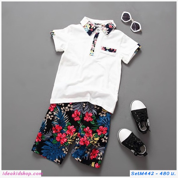 ชุดเสื้อ+กางเกง ลายดอก flower เสื้อขาวกางเกงลาย
