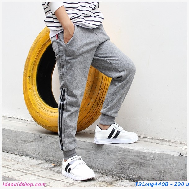 กางเกงวอร์มขายาวหนูน้อยโชน แต่งแถบเล็ก สีเทา