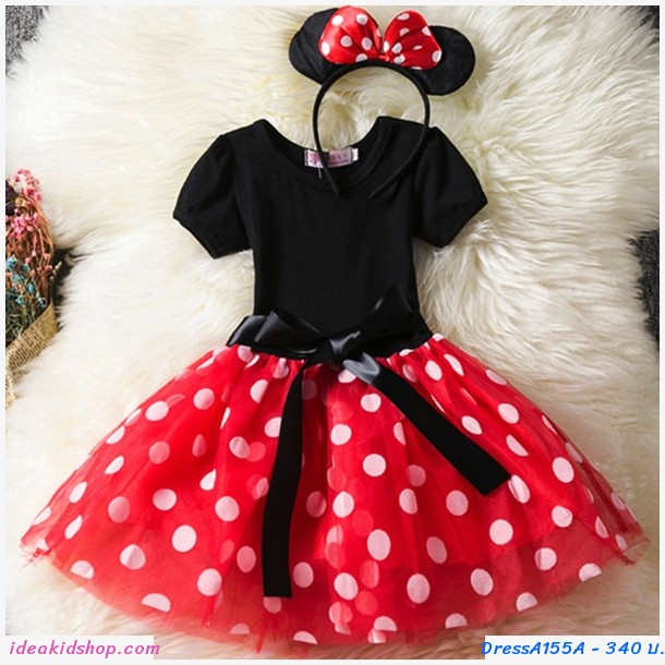 เดรสลายจุด Minnie ตัวจิ๋ว+ที่คาดผม สีแดง