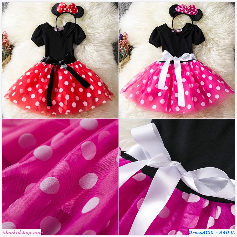 เดรสลายจุด Minnie ตัวจิ๋ว+ที่คาดผม สีแดง