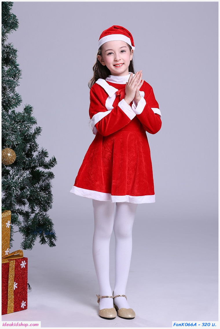 ชุดเสื้อกางเกง Xmas + หมวก + เข็มขัด ซานต้า สีแดง
