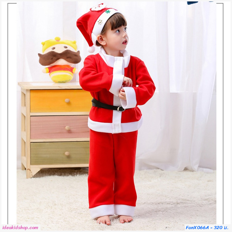 ชุดเสื้อกางเกง Xmas + หมวก + เข็มขัด ซานต้า สีแดง