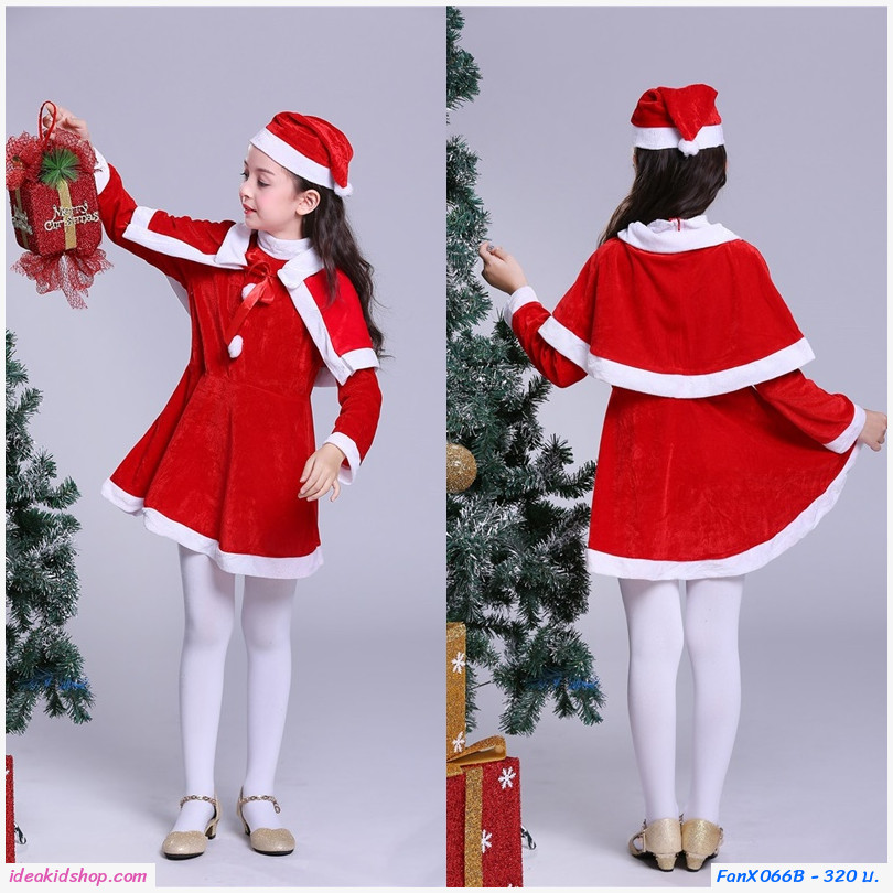 ชุดเดรส Xmas + หมวก + เสื้อคลุมไหล่ แซนตี้ สีแดง