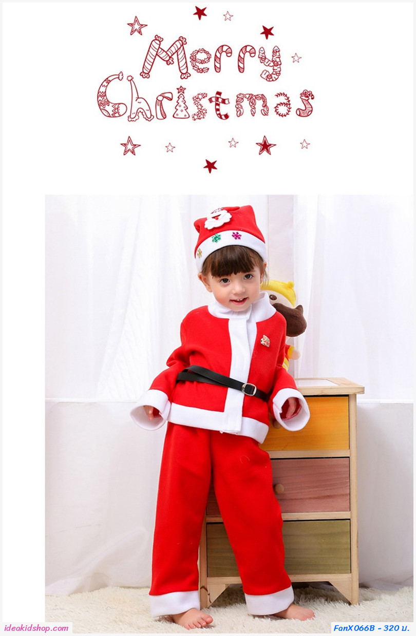 ชุดเดรส Xmas + หมวก + เสื้อคลุมไหล่ แซนตี้ สีแดง