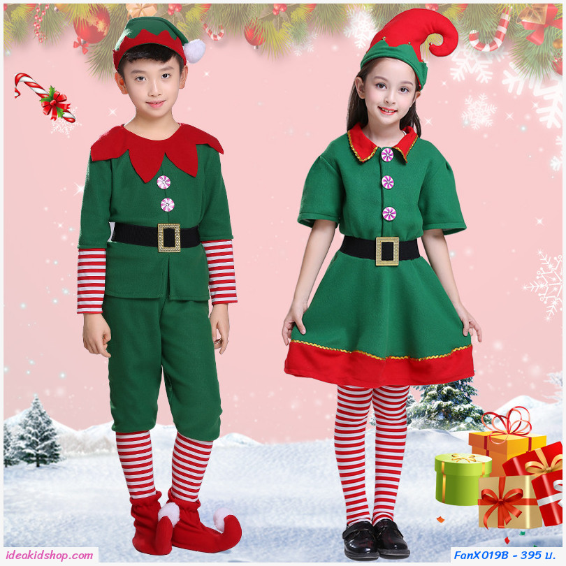 เดรส Xmas เอลฟ์ซานต้าหญิง+เครื่องตกแต่ง (4 ชิ้น)