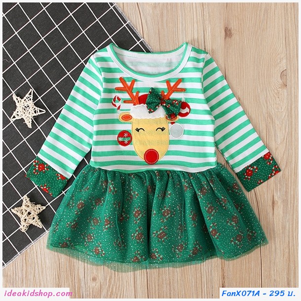 มินิเดรสแขนยาว xmas ลายกวางน้อย สีเขียว