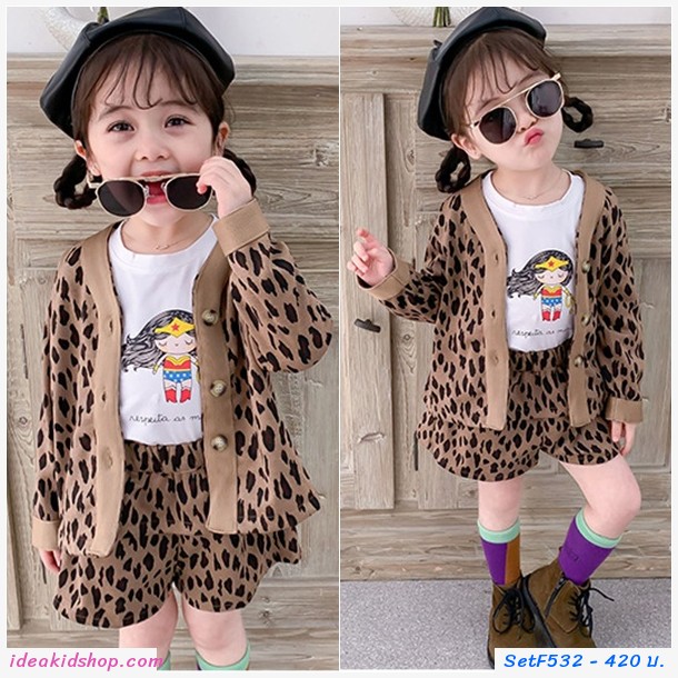 ชุดเด็กเสื้อแขนยาวคอวีและกางเกง ลายเสือ สีน้ำตาล