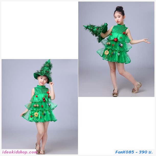 ชุดเดรส Xmas ชุดต้นไม้ พร้อมหมวกต้นคริสมาสต์ สีเขียว 