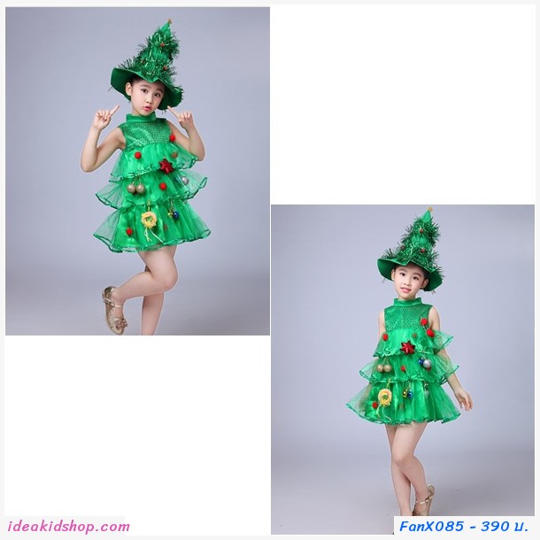 ชุดเดรส Xmas ชุดต้นไม้ พร้อมหมวกต้นคริสมาสต์ สีเขียว 