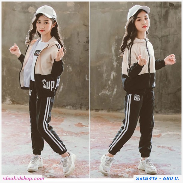 ชุดเสื้อ Jacket + กางเกง สไตล์ Sport โทนสีครีม-ดำ