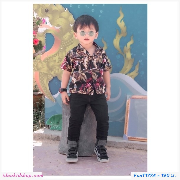 เสื้อฮาวายลายต้นปาล์ม สีดำแดง