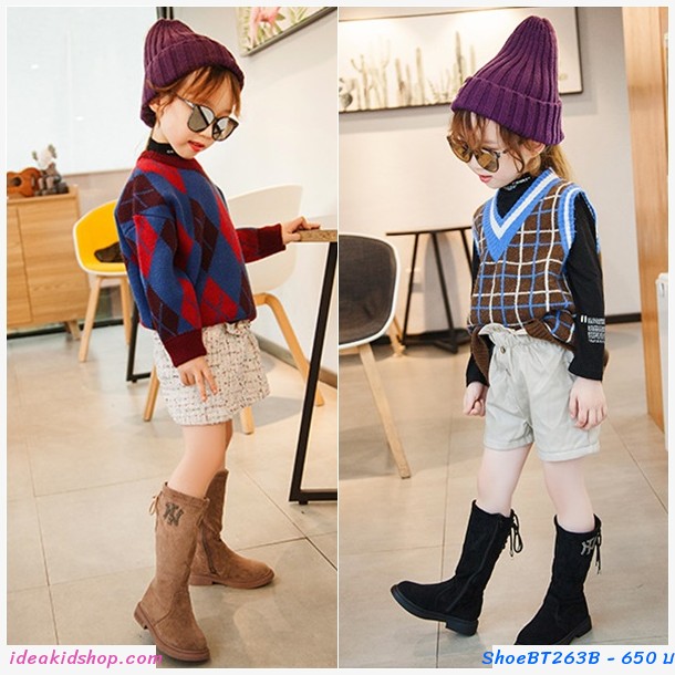 รองเท้าบูทผ้ากำมะหยี่ทรงสูง สีกากี