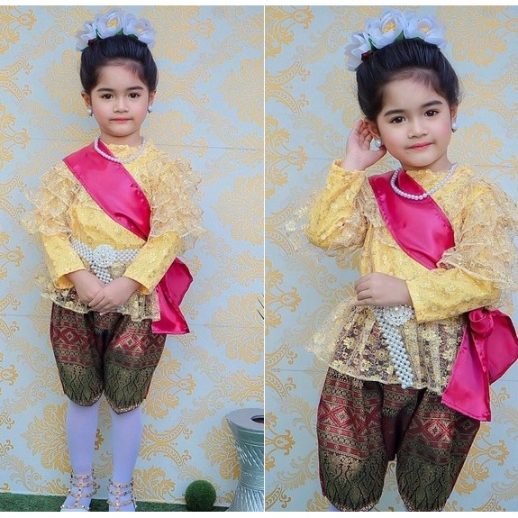 ชุดไทยแม่พลอยลูกไม้แขนยาว ร.5 โจงลายไทย สีชมพู