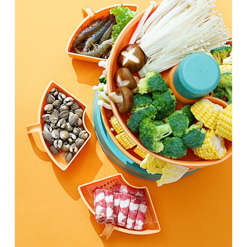 คอนโดชาบูแยกเนื้อ ผัก หมุนได้ 360องศา ชั้นคอนโดตะกร้าพลาสติกแบบ 5 ชั้น คอนโดถาดสูง ใช้สำหรับแยกอาหาร เช่นผัก ผลไม้ เนื้อ:เขียวส้ม