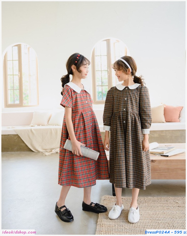 ชุดเดรสกระโปรงสไตล์  Retro สก็อต สีแดง