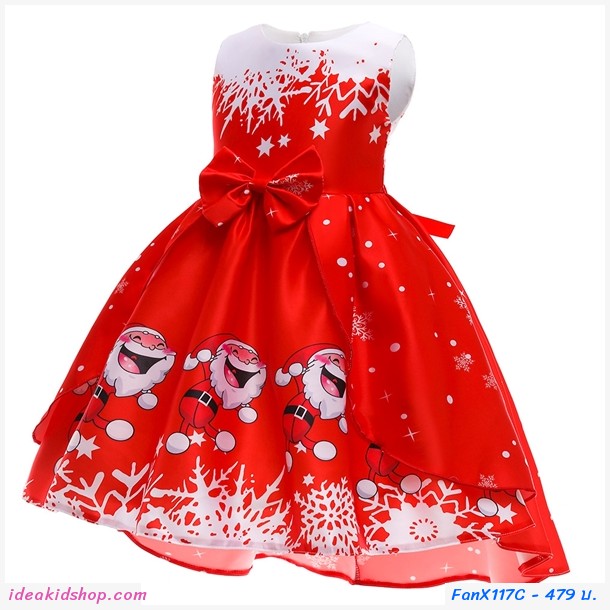 ชุดเดรสผูกโบว์หน้า Xmas ลายซานต้าสีแดง