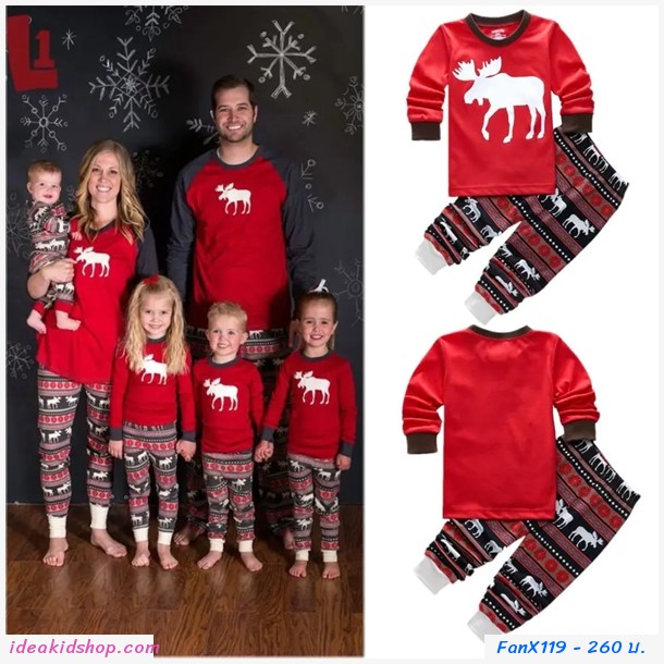 ชุดเสื้อกางเกง Xmas Santa ลายกวางเรนเดียร์ สีแดง