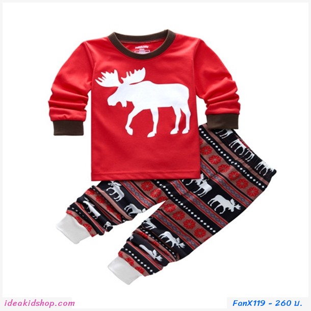 ชุดเสื้อกางเกง Xmas Santa ลายกวางเรนเดียร์ สีแดง