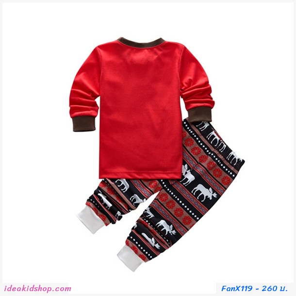 ชุดเสื้อกางเกง Xmas Santa ลายกวางเรนเดียร์ สีแดง