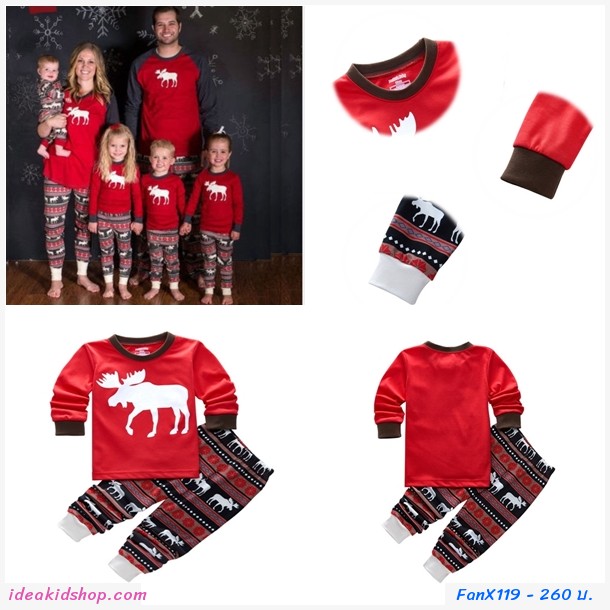 ชุดเสื้อกางเกง Xmas Santa ลายกวางเรนเดียร์ สีแดง