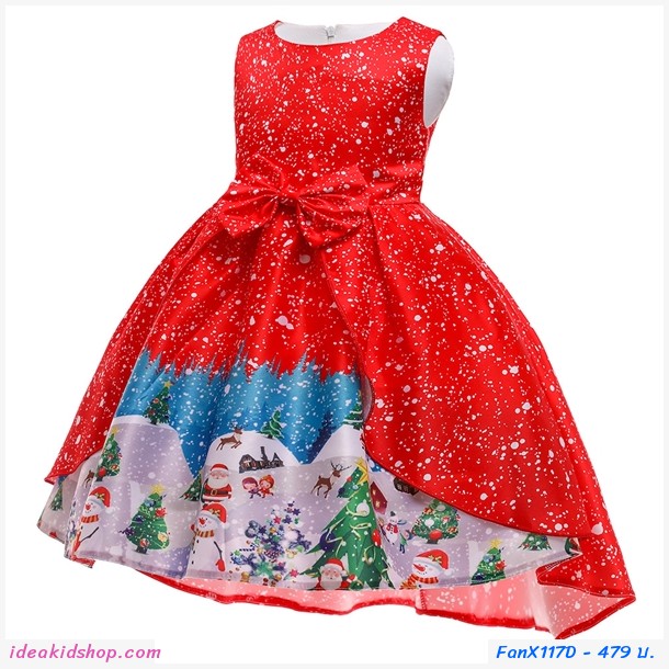 ชุดเดรสผูกโบว์หน้า Xmas ลายหิมะหมู่บ้านซานต้าสีแดง