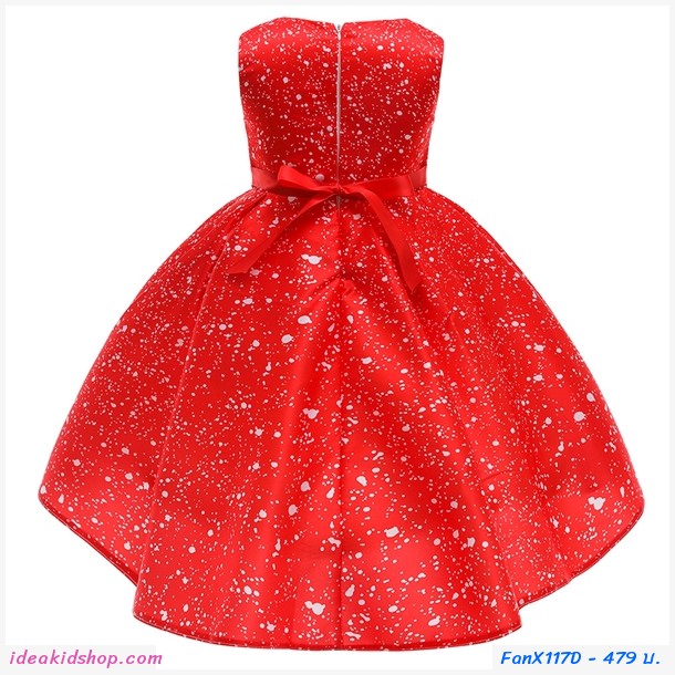 ชุดเดรสผูกโบว์หน้า Xmas ลายหิมะหมู่บ้านซานต้าสีแดง