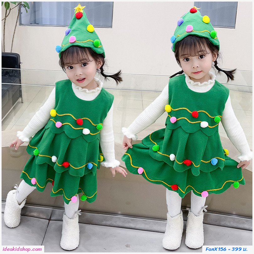 ชุดต้นไม้ Christmas Tree เดรส+หมวก Xmas(ไม่รวมเสื้อขาว) สีเขียว