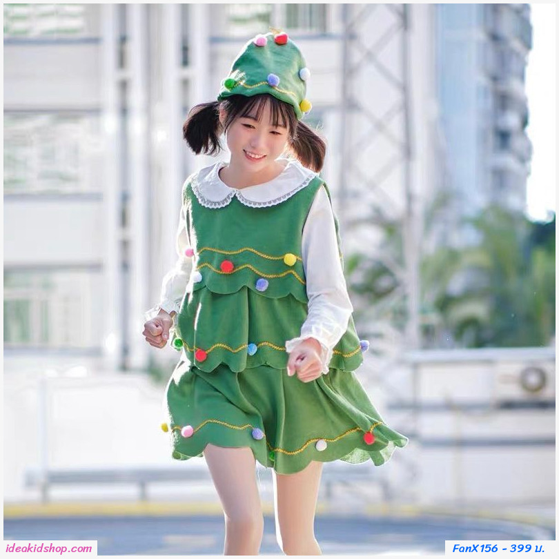 ชุดต้นไม้ Christmas Tree เดรส+หมวก Xmas(ไม่รวมเสื้อขาว) สีเขียว