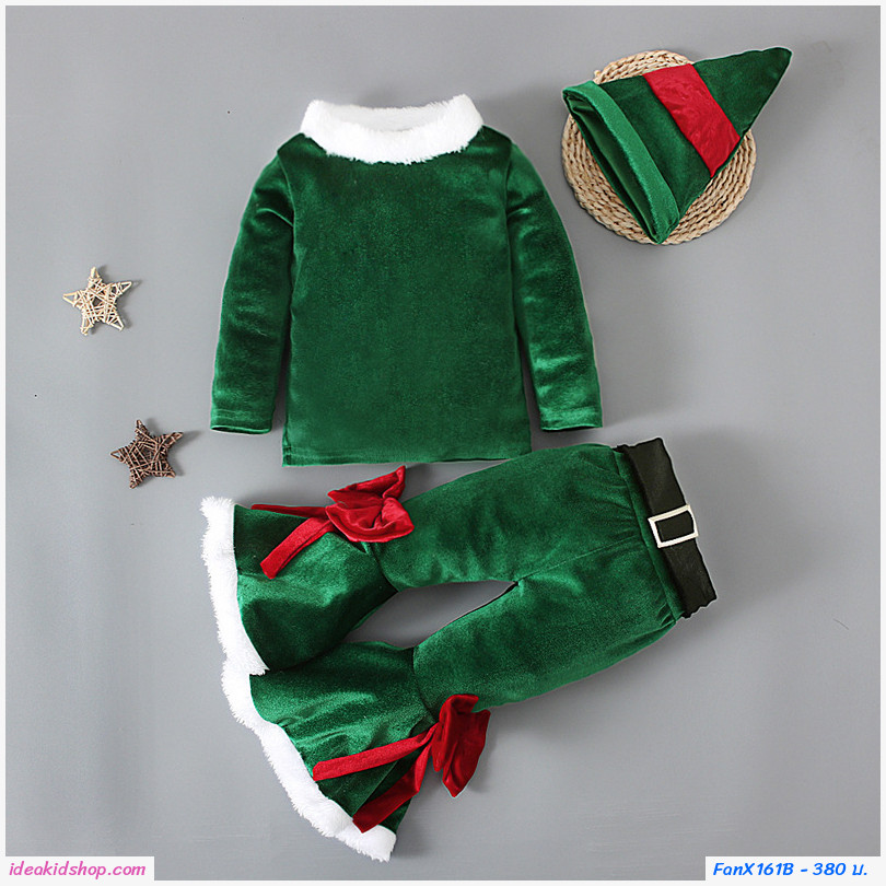 ชุดซานต้า ขาม้า Xmas เซต 3 ชิ้น สีเขียว