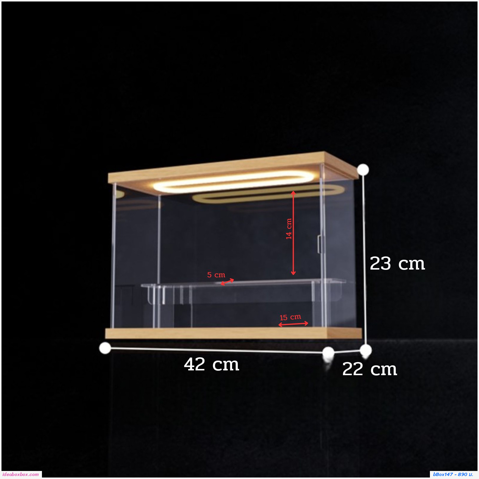 กล่องโชว์โมเดลไม้ Reflective light acrylic พร้อมบันได มีไฟแบบ USB