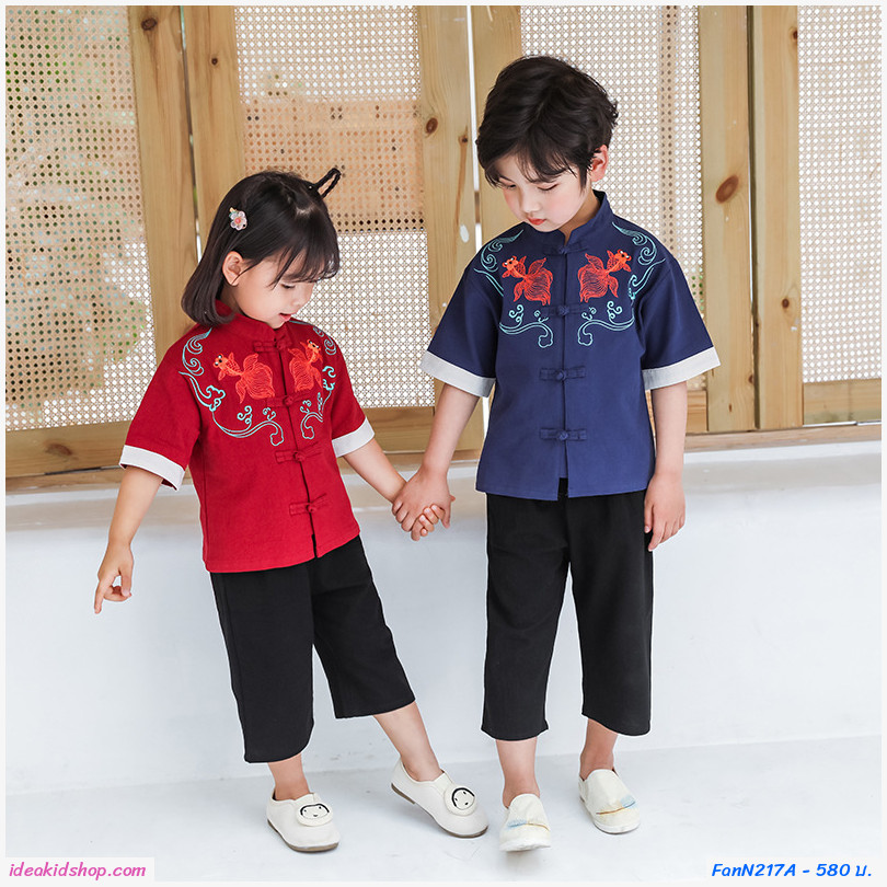 ชุดตรุษจีนปักลายปลาทอง คู่มงคล สีแดง เฉพาะเสื้อ