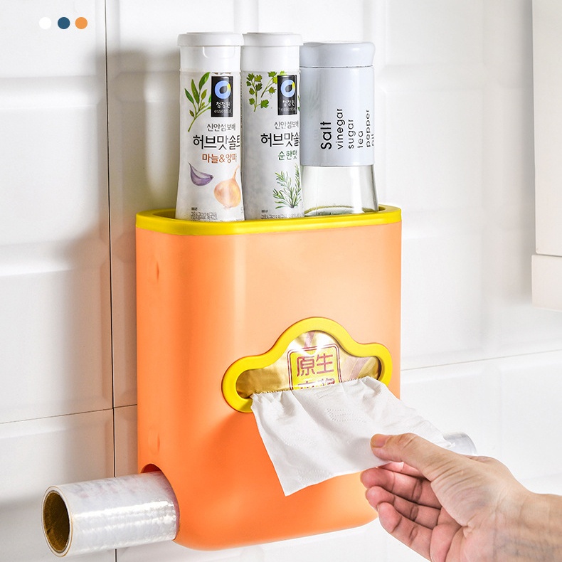 กล่องจัดระเบียบถุงพลาสติกและใส่ทิชชู่ สีเขียวมิ้นท์ / สีส้ม  สำหรับใส่กระดาษทิชชู่ และเก็บถุงขยะพลาสติก:ส้ม
